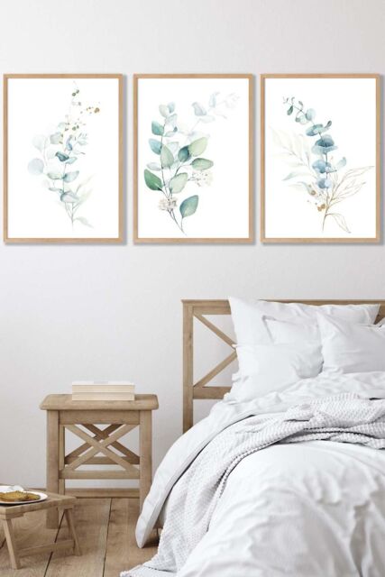 ARTZE Set of 3 Oak Framed Green Blue Watercolour Eucalyptus Set 2 Wall Art in Light Green - Size: W33 cm x H45 cm x D20mm - image 1