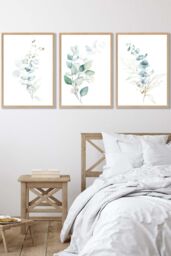 ARTZE Set of 3 Oak Framed Green Blue Watercolour Eucalyptus Set 2 Wall Art in Light Green - Size: W33 cm x H45 cm x D20mm - thumbnail 1