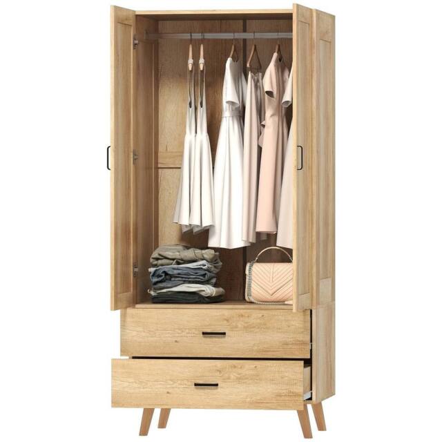 Havendro 2 Door Wardrobe, Modern Wardrobe w/ 2 Drawer in Natural - image 1