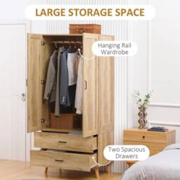 Havendro 2 Door Wardrobe, Modern Wardrobe w/ 2 Drawer in Natural - thumbnail 4