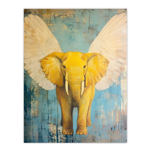 "Artery8 Yellow Elephant With Angel Wings Oil Painting Wall Art Print - Size: W18"" x H24""" - image 1