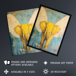 "Artery8 Yellow Elephant With Angel Wings Oil Painting Wall Art Print - Size: W18"" x H24""" - thumbnail 2