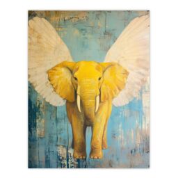 "Artery8 Yellow Elephant With Angel Wings Oil Painting Wall Art Print - Size: W18"" x H24""" - thumbnail 1