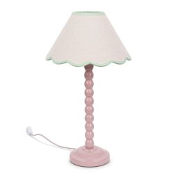 ValueLights Bobbins Rose Pink Table Lamp with Tapered Natural Linen Scallop Shade with Bulb in Pale Green - thumbnail 2