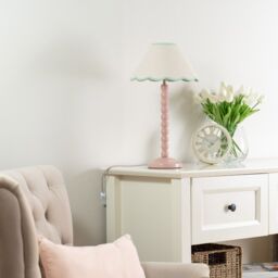 ValueLights Bobbins Rose Pink Table Lamp with Tapered Natural Linen Scallop Shade with Bulb in Pale Green - thumbnail 4