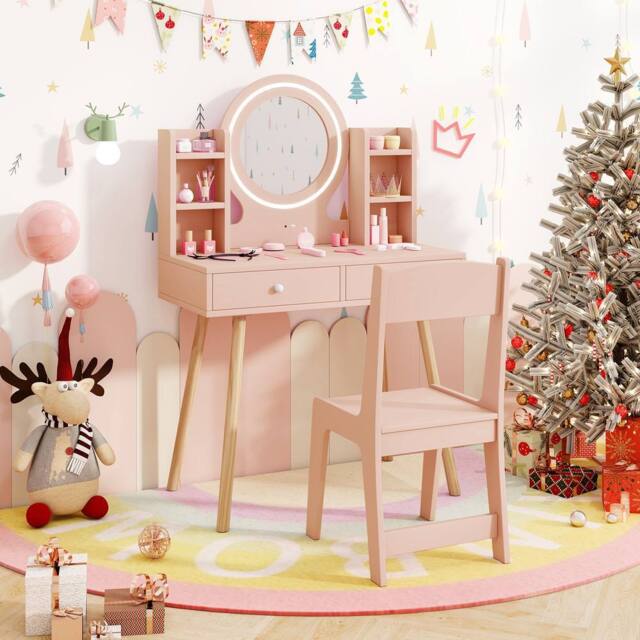 Costway Kids Vanity Set Wooden Dressing Desk Set w/ LED Lighted Mirror in Light Pink - image 1