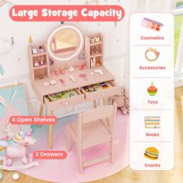 Costway Kids Vanity Set Wooden Dressing Desk Set w/ LED Lighted Mirror in Light Pink - thumbnail 8