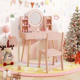 Costway Kids Vanity Set Wooden Dressing Desk Set w/ LED Lighted Mirror in Light Pink