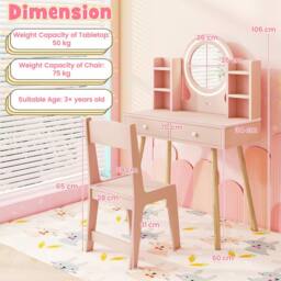 Costway Kids Vanity Set Wooden Dressing Desk Set w/ LED Lighted Mirror in Light Pink - thumbnail 3