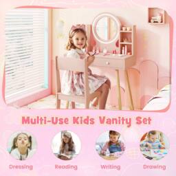 Costway Kids Vanity Set Wooden Dressing Desk Set w/ LED Lighted Mirror in Light Pink - thumbnail 9