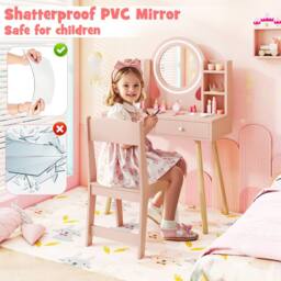 Costway Kids Vanity Set Wooden Dressing Desk Set w/ LED Lighted Mirror in Light Pink - thumbnail 4