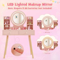 Costway Kids Vanity Set Wooden Dressing Desk Set w/ LED Lighted Mirror in Light Pink - thumbnail 7