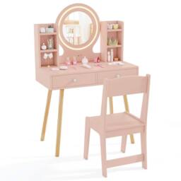 Costway Kids Vanity Set Wooden Dressing Desk Set w/ LED Lighted Mirror in Light Pink - thumbnail 2