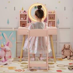 Costway Kids Vanity Set Wooden Dressing Desk Set w/ LED Lighted Mirror in Light Pink - thumbnail 5