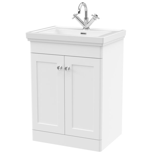 Balterley Bathroom Floor 2-Door Vanity Unit & Fireclay Basin, Satin White, 600mm in White - image 1