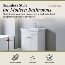 Balterley Bathroom Floor 2-Door Vanity Unit & Fireclay Basin, Satin White, 600mm in White - thumbnail 2