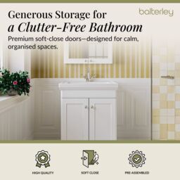 Balterley Bathroom Floor 2-Door Vanity Unit & Fireclay Basin, Satin White, 600mm in White - thumbnail 3