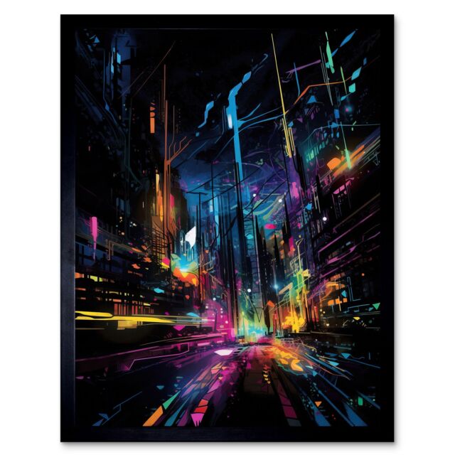 "Artery8 Wall Art Print New York City at Night Modern Abstract Neon Contrast Painting Art Framed in Black - Size: W12"" x H16""" - image 1