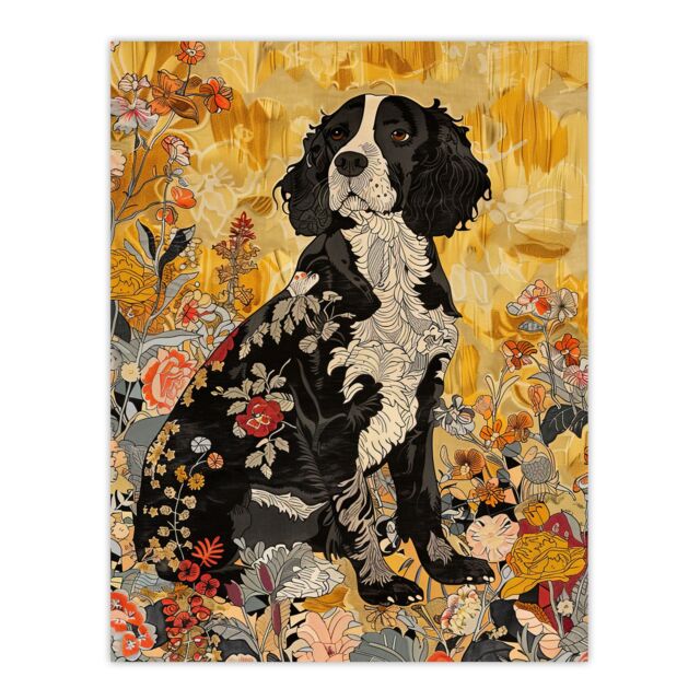 "Artery8 Spaniel in Wildflowers Portrait Floral Animal Wall Art Print in Yellow - Size: W12"" x H16""" - image 1