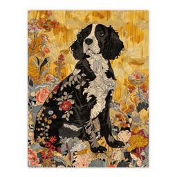 "Artery8 Spaniel in Wildflowers Portrait Floral Animal Wall Art Print in Yellow - Size: W12"" x H16""" - thumbnail 1