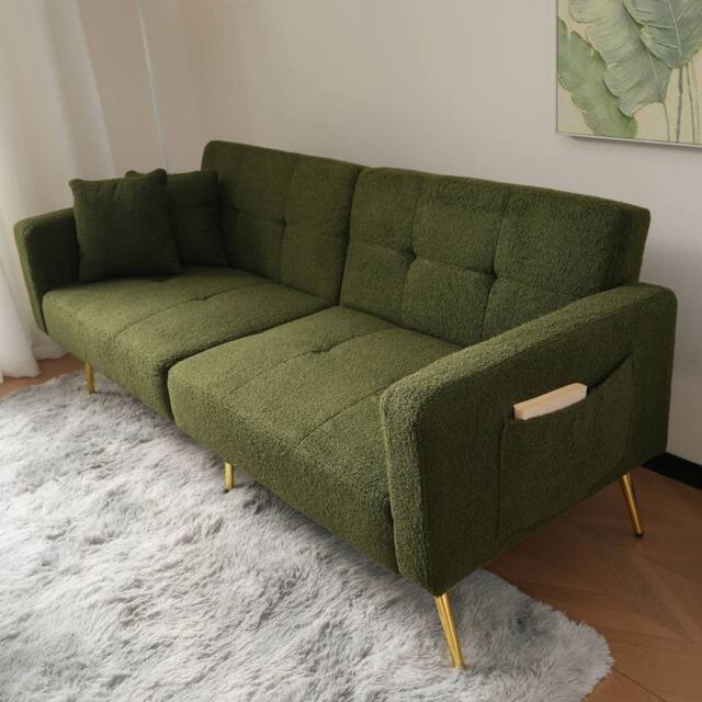BTM Sofa Bed, 3 Adjustable Angles, Gold Legs, Cushions, Storage Pockets in Green - Size: A - image 1