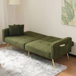 BTM Sofa Bed, 3 Adjustable Angles, Gold Legs, Cushions, Storage Pockets in Green - Size: A - thumbnail 4