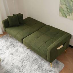 BTM Sofa Bed, 3 Adjustable Angles, Gold Legs, Cushions, Storage Pockets in Green - Size: A - thumbnail 2