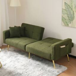 BTM Sofa Bed, 3 Adjustable Angles, Gold Legs, Cushions, Storage Pockets in Green - Size: A - thumbnail 3