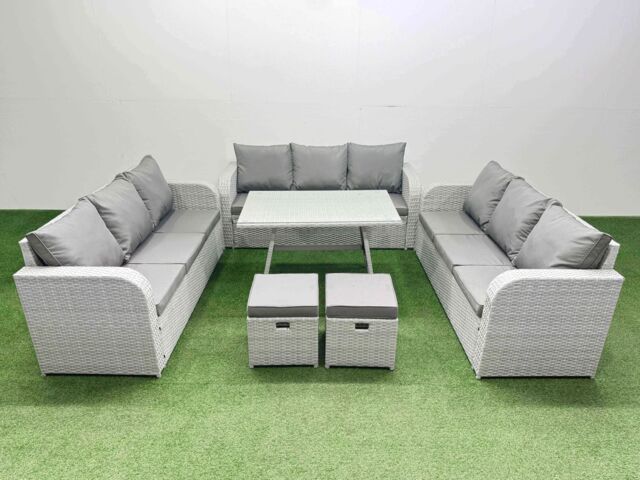 Fimous 11 Seat PE Rattan Garden Furniture with 2 Small Stools Light Grey - image 1