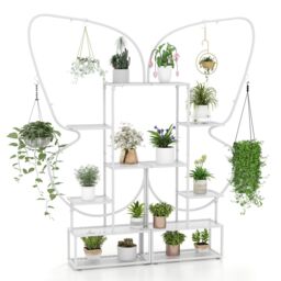 Gymax 6-Tier Metal Plant Stand Butterfly-Shaped Flowerpot Shelf Black in White
