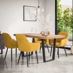 More4Homes Aria Dining Table & Chairs - Oak Effect Table Top w Black Legs + Anika Velvet Dining Chair Set Of 6 in Mustard