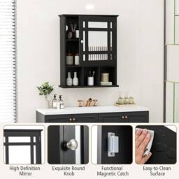 Gymax Wall-mounted Bathroom Cabinet Storage Organizer With Mirror Doors-Black in Black - thumbnail 3