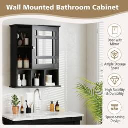 Gymax Wall-mounted Bathroom Cabinet Storage Organizer With Mirror Doors-Black in Black - thumbnail 8