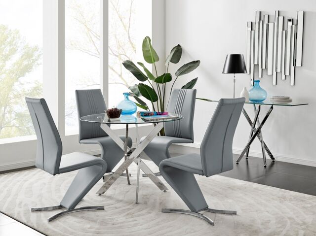 FurnitureboxUK Novara Round 100cm Chrome Metal & Glass Dining Table & 4 Willow Dining Chairs Set in Grey - image 1