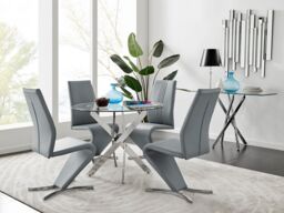 FurnitureboxUK Novara Round 100cm Chrome Metal & Glass Dining Table & 4 Willow Dining Chairs Set in Grey