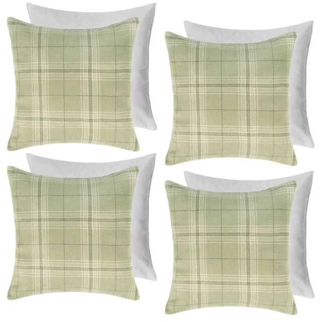 OHS 4 Pack Woven Check Filled Cushions Printed Soft in Light Green - Size: 45 cm x 45 cm - image 1