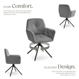 tectake Swivel Chair Lenia Set Of 4 - Velvet Look Anthracite/Black in Dark Grey - Size: 4 Pack - thumbnail 3