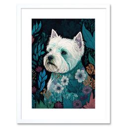 "Artery8 Wall Art Print West Highland White Terrier in Flowers Dark Multicoloured Linocut Artwork Framed 9X7 Inch - Size: W7"" x H9""" - thumbnail 1