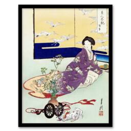 Artery8 Pet Dog Playing With Flower Cart Retro Japan Framed Wall Art Print Gekko - Size: A4 - thumbnail 1