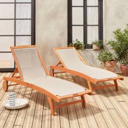 sweeek Pair Of Wooden & Textilene Sun Loungers in Taupe