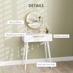 HOMCOM Modern Dressing Table w/ 2 Drawers Round Mirror for Bedroom White - thumbnail 4