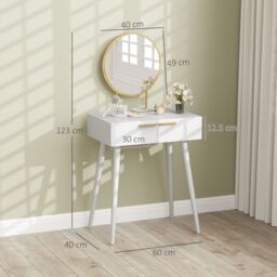 HOMCOM Modern Dressing Table w/ 2 Drawers Round Mirror for Bedroom White - thumbnail 3
