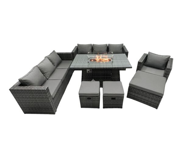 Fimous Rattan Garden Furniture Firepit Dining Set 10 Seater Lounge Sofa Table Set with 3 Footstool in Dark Grey - image 1