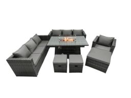 Fimous Rattan Garden Furniture Firepit Dining Set 10 Seater Lounge Sofa Table Set with 3 Footstool in Dark Grey - thumbnail 1