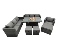 Fimous Rattan Garden Furniture Firepit Dining Set 10 Seater Lounge Sofa Table Set with 3 Footstool in Dark Grey - thumbnail 2