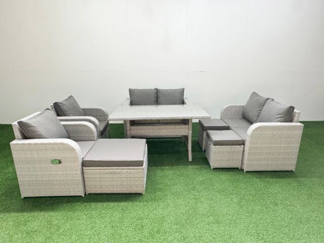 Fimous 9 Seater Outdoor Reclining Chair Love Sofa Set Rattan Garden Furniture Set with Rectangular Dining Table 3 Stools Light Grey - image 1