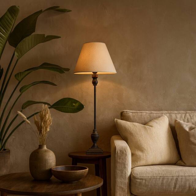 Wyld Haus Mossfern Slim Table Lamp with Grey Washed Wood Stem & Linen Shade in Brown - image 1