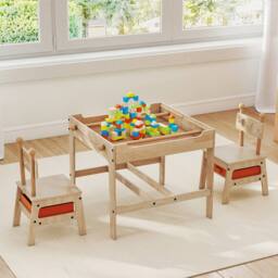 Costway Kids Table & Chairs 4 in 1 Wooden Activity Desk Set in Natural - thumbnail 4