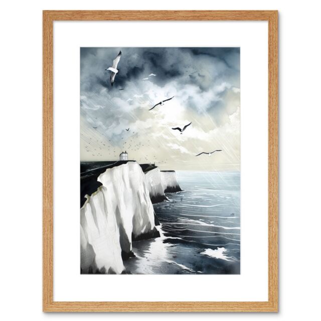 "Artery8 Wall Art Print Seagulls Flying Over the White Cliffs of Dover in England Modern Linocut Artwork Framed 9X7 Inch in Beige - Size: W7"" x H9""" - image 1