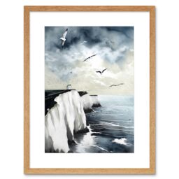 "Artery8 Wall Art Print Seagulls Flying Over the White Cliffs of Dover in England Modern Linocut Artwork Framed 9X7 Inch in Beige - Size: W7"" x H9""" - thumbnail 1